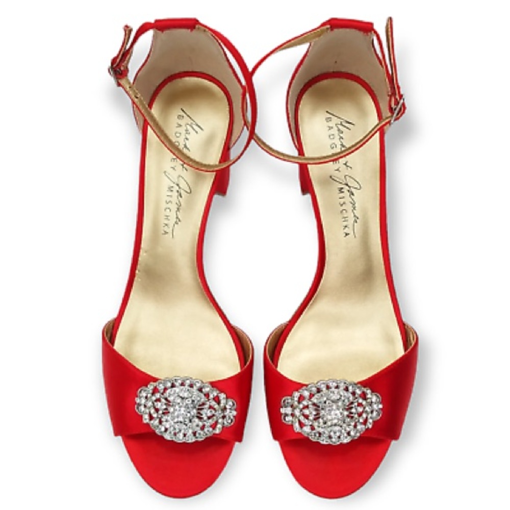 Mark + James by Badgley Mischka Red Satin Block Heels Shoes Size 8M Formal